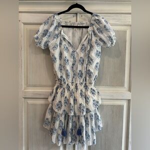NIBI MTK Hamptons Elegant Blue Floral Dress with Puff Sleeves XS
